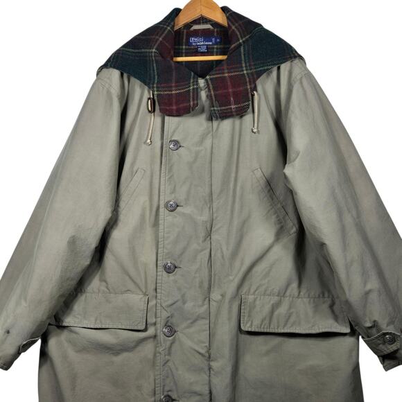 Vintage Polo Ralph Lauren Coat Mens XL Olive Hooded Parka Plaid Wool Cape 90s - Picture 2 of 15
